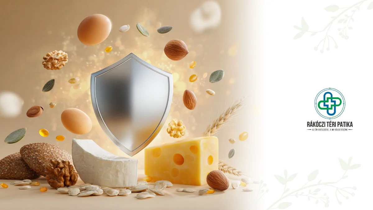 Egy letisztult, világos háttéren egy stilizált, fényes ezüst pajzs látható a kép közepén. A pajzs körül körkörösen elhelyezve cink tabletták, valamint cinkben gazdag ételek: tökmag, dió, lencse, tojás, sajt, hal és teljes kiőrlésű kenyér. A pajzs ragyogó, védelmet sugárzó hatást kelt, utalva a cink immunerősítő szerepére. A kompozíció modern, egészségtudatos hangulatot áraszt, a színek frissek és természetesek. Jobb oldalon a Rákóczi téri patika logója látható.