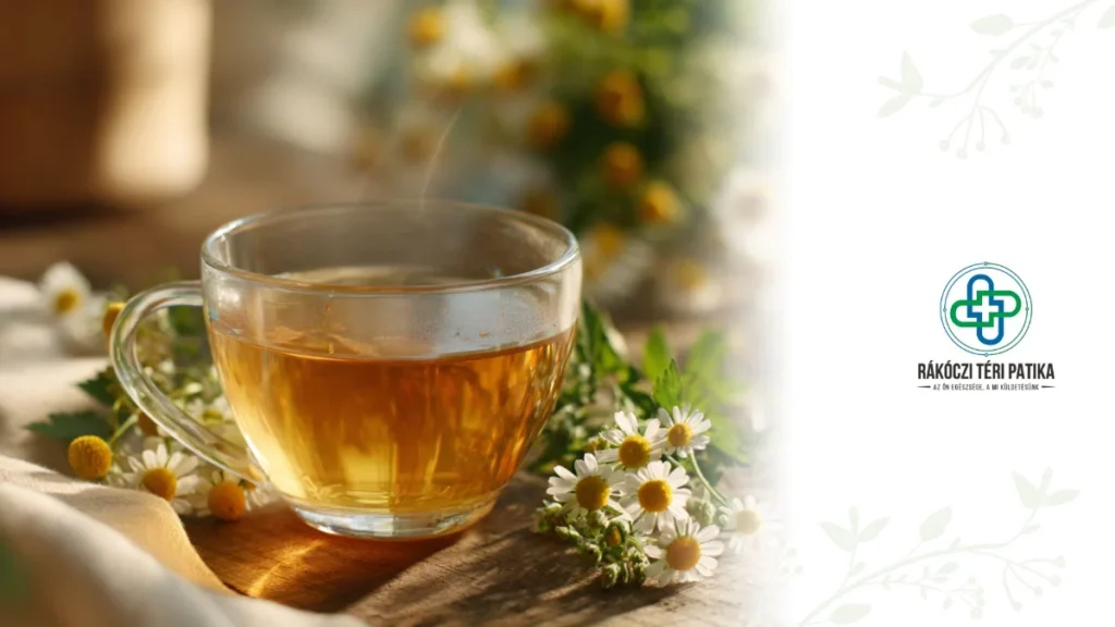 Egy elegáns, átlátszó üvegből készült csészében gőzölgő tea látható a kép közepén. A csésze körül friss kamilla virágok, vannak elhelyezve, A háttér világos, természetes, otthonos hangulatot áraszt, például faasztal, puha fények