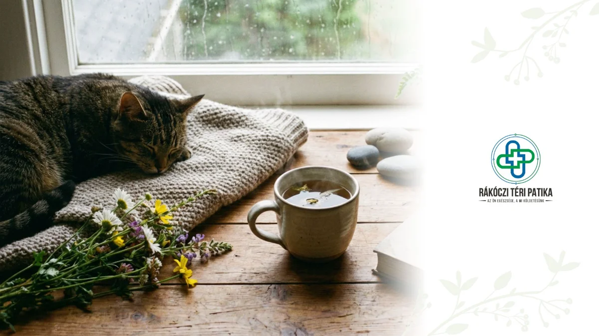 Meleg, megnyugtató csendélet, ami a torokfájás enyhítésére szolgáló otthoni gyógymódokat, pihenést és gyógyteát ábrázolja.