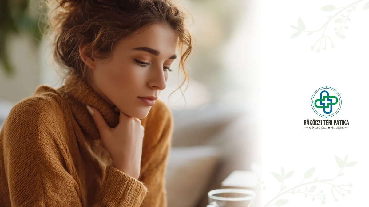 Egy fiatal nő ül egy otthonos, világos szobában, kényelmes ruhában. Kezét a torkára teszi, arckifejezése kissé fáradt, enyhén aggódó. Mellette az asztalon egy doboz papírzsebkendő látható. A háttérben halványan, életlenül megjelenik egy bögre gőzölgő tea vagy egy pohár víz. A jelenet meleg, barátságos, otthonos hangulatot áraszt, a színek természetesek és nyugtatóak.