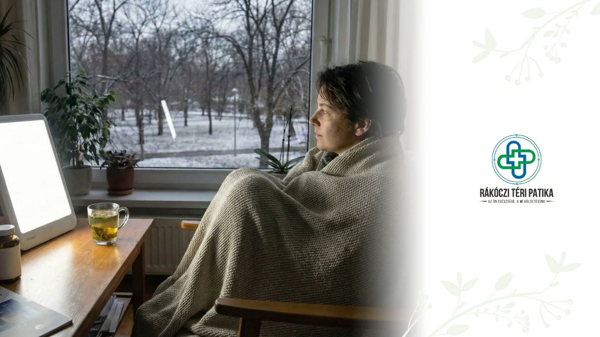 Beteg nő fekszik az ágyban, lázmérővel, orrfolyás, influenza tünetei.. Jobb oldalon a Rákóczi Téri patika logója