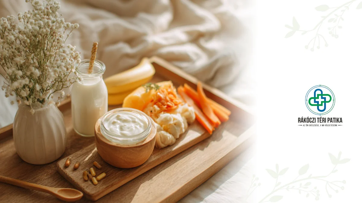 Egy asztalon vagy fa tálcán joghurt, kefir, savanyú káposzta, kimchi, banán, articsóka, és egy kis tál probiotikum kapszula, mind szépen elrendezve, világos, friss háttérrel.