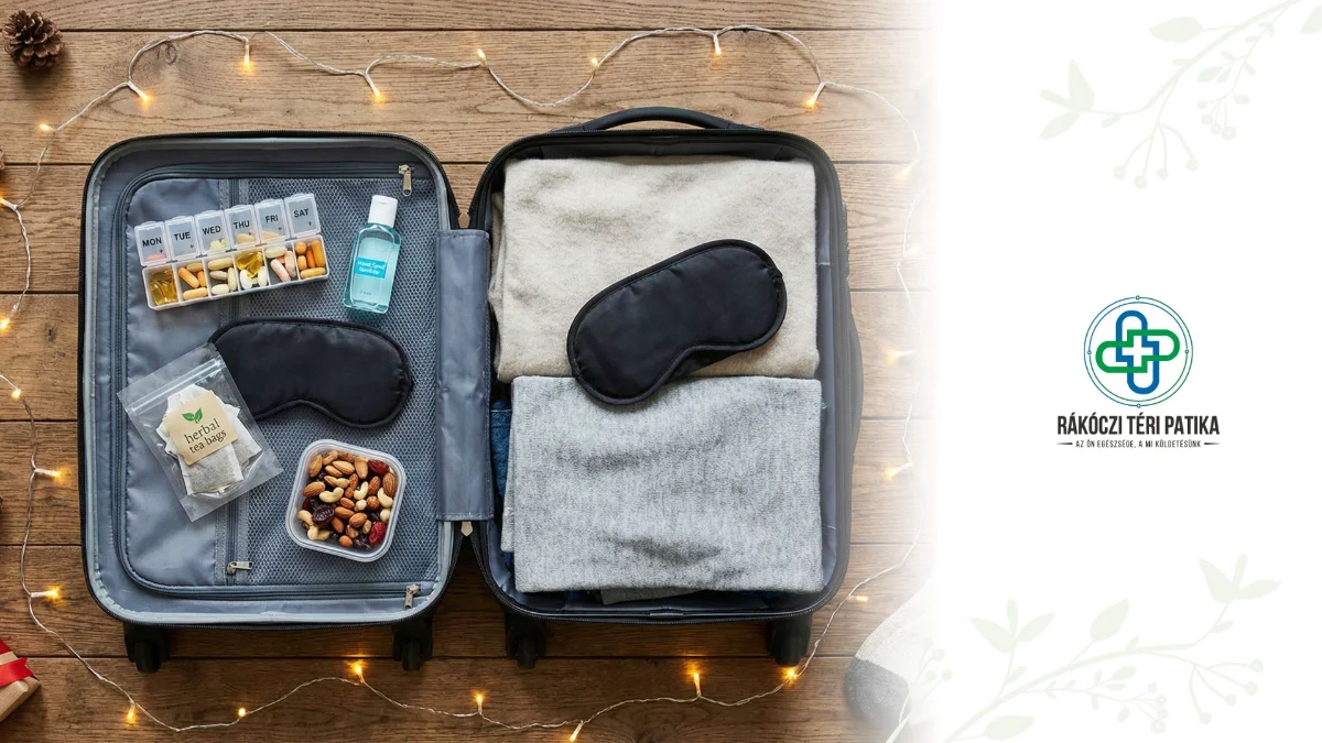 Egészségtudatos ünnepi készülődés az utazásra vitaminokkal, meleg pulóverrel és mandarinnal karácsonyi hangulatban.