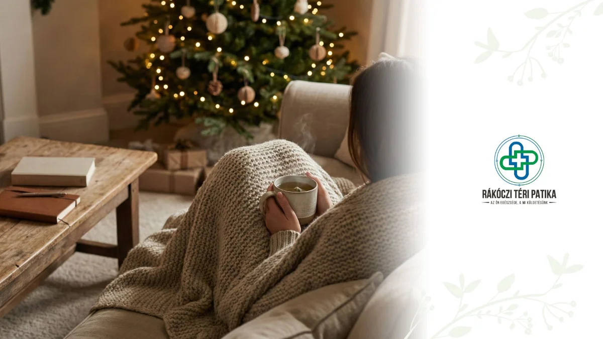 Meghitt karácsonyi pillanat egy csésze forró teával és pihenéssel az ünnepi stressz ellen.