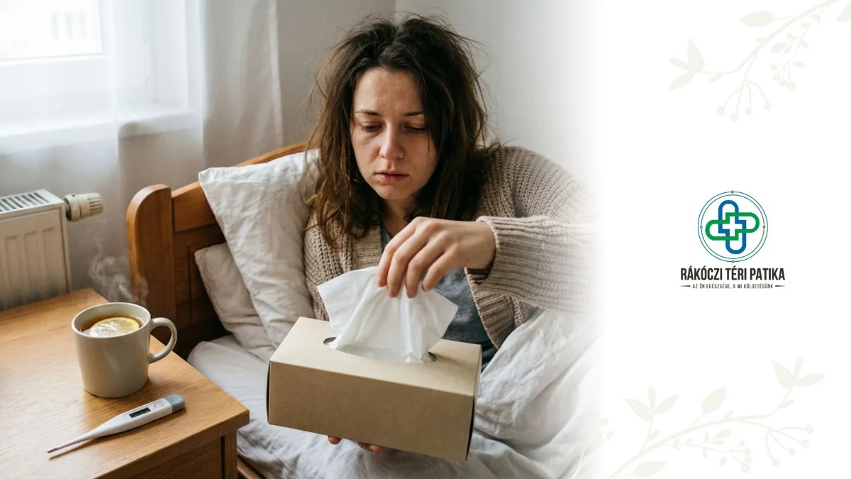 Beteg nő fekszik az ágyban, lázmérővel, orrfolyás, influenza tünetei.. Jobb oldalon a Rákóczi Téri patika logója