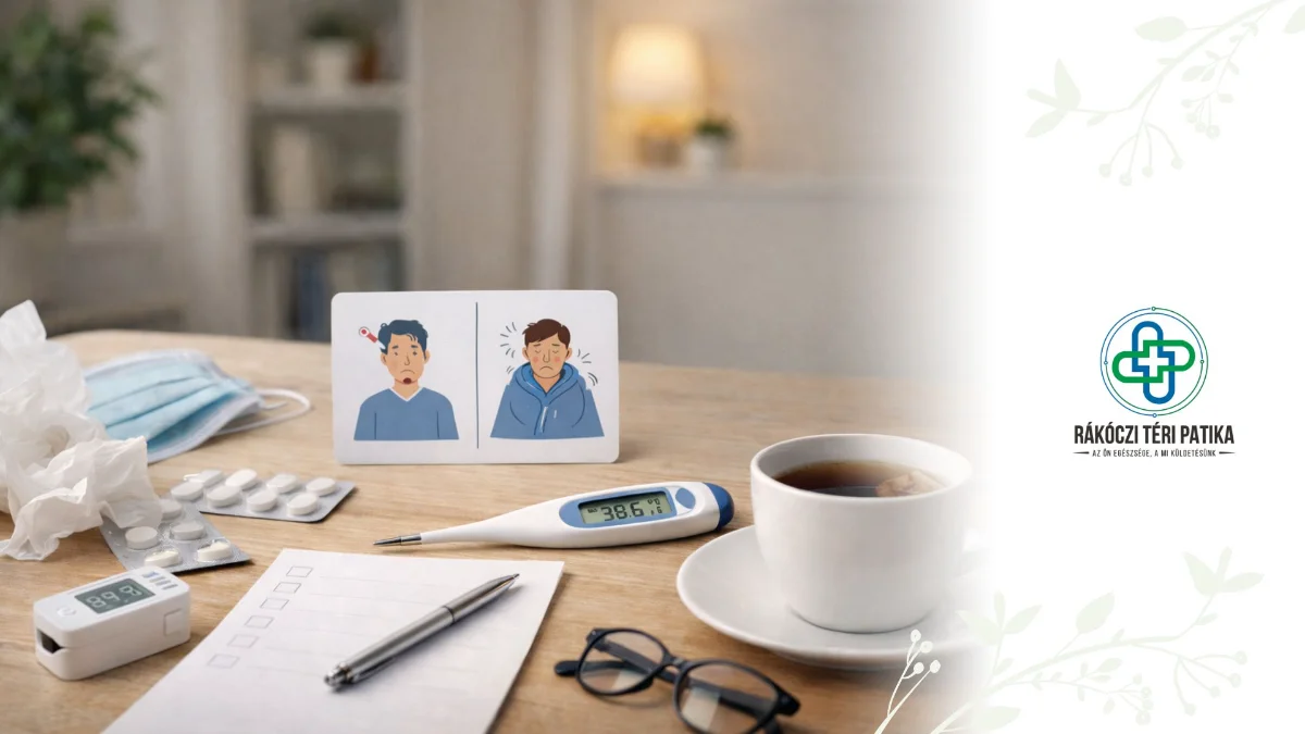 Otthoni betegápolási eszközök (lázmérő, maszk, gyógyszerek, tea és ellenőrzőlista) az influenza és a nátha tüneteinek összehasonlításához.