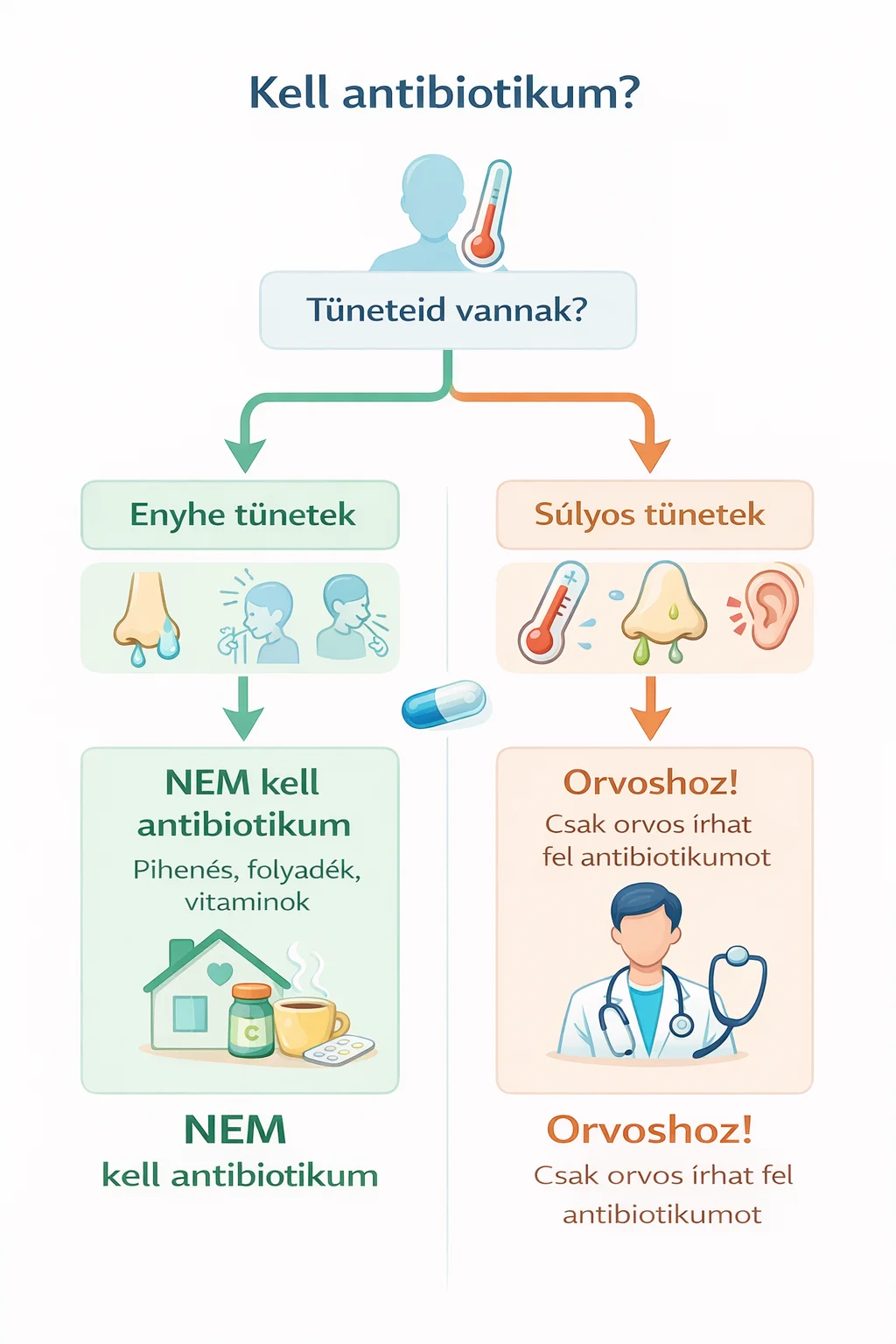 Döntési fa: enyhe náthás tünetek esetén otthoni kezelés antibiotikum nélkül, súlyosbodó tünetek és magas láz esetén orvoshoz kell fordulni