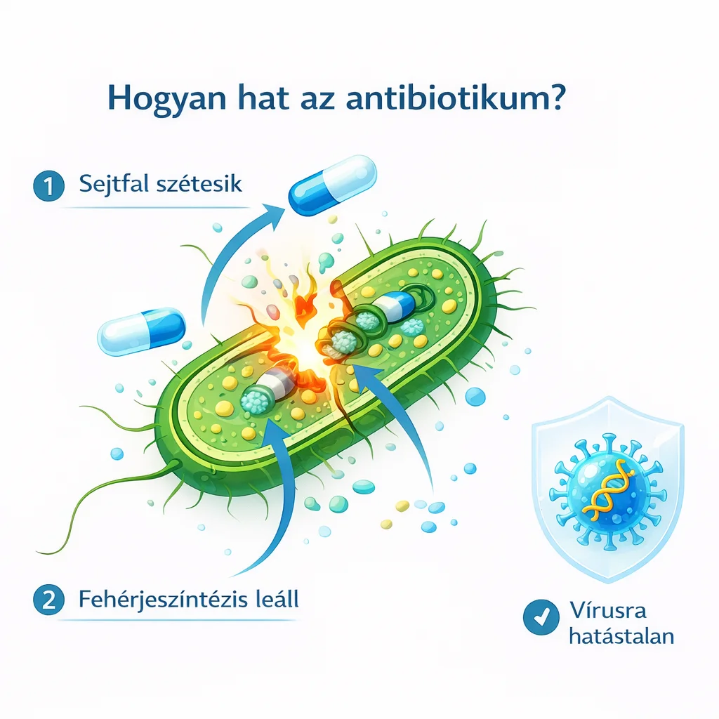 Antibiotikum hatásmechanizmusa: a sejtfalat rombolja és a fehérjeszintézist gátolja a baktériumban, miközben a vírusra nem hat