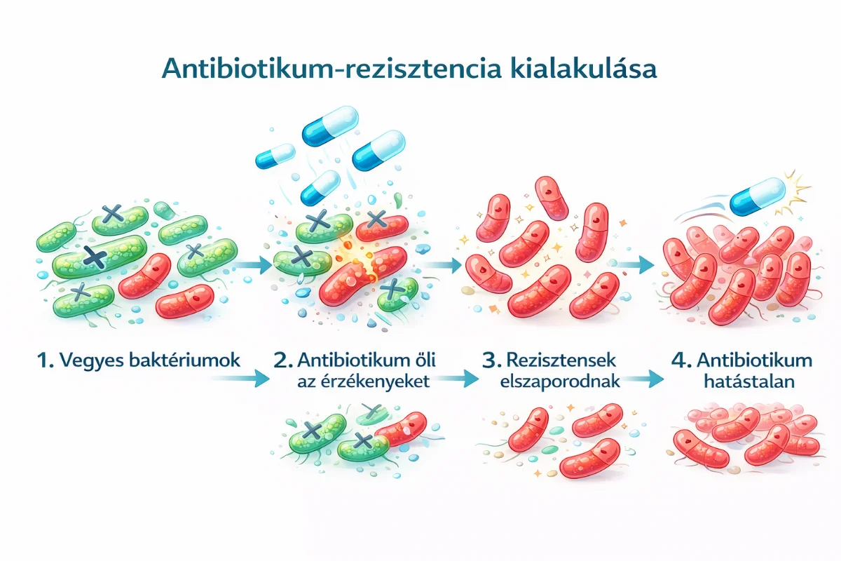 Antibiotikum-rezisztencia kialakulása 4 lépésben: 1. vegyes baktériumok, 2. antibiotikum elpusztítja az érzékenyeket, 3. rezisztens baktériumok elszaporodnak, 4. antibiotikum hatástalan