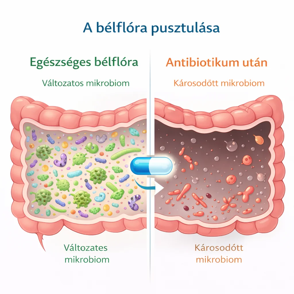 Bélflóra antibiotikum előtt és után: az egészséges, változatos baktériumflóra elpusztul, helyét kártékony gombák és baktériumok veszik át