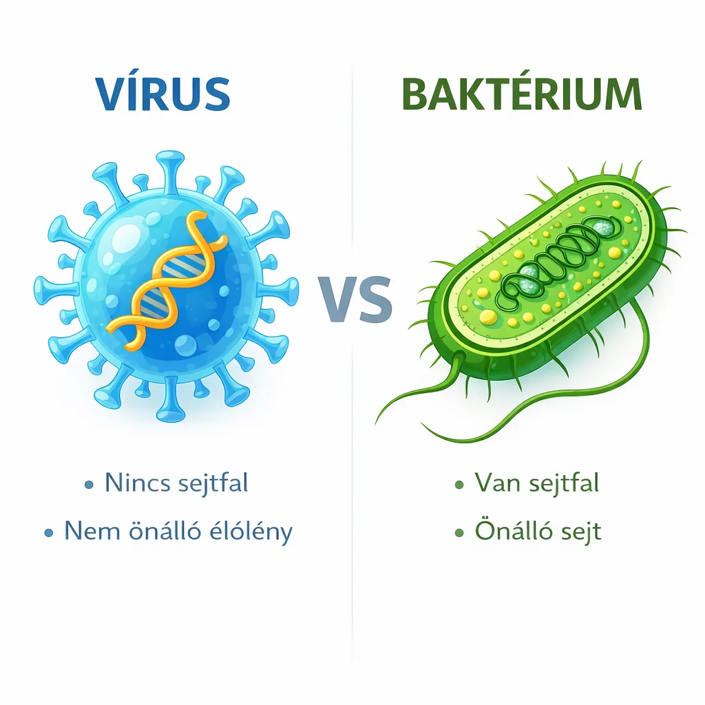 Vírus és baktérium összehasonlítása: a vírusnak nincs sejtfala, a baktérium önálló sejt — az antibiotikum csak a baktériumra hat