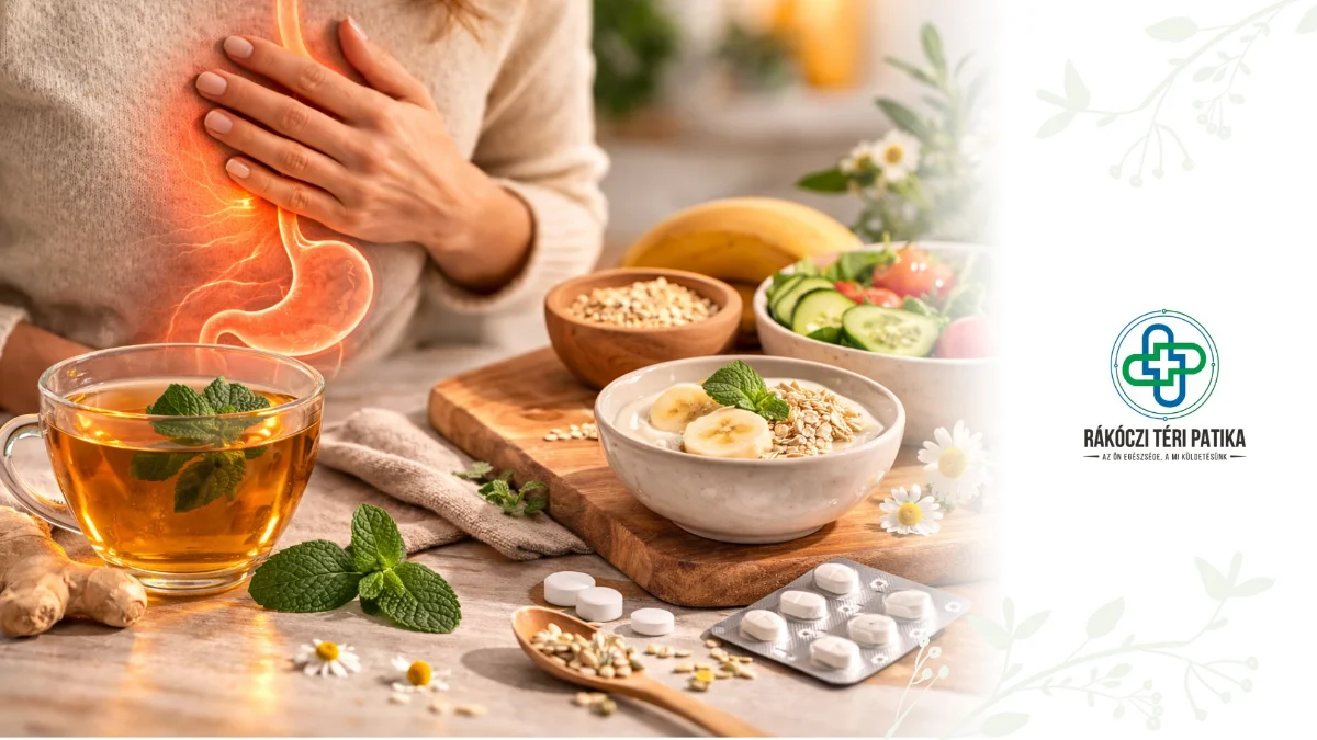 Reflux és gyomorégés illusztrációja gyomor modellel, gyógyteával és emésztést támogató természetes ételekkel