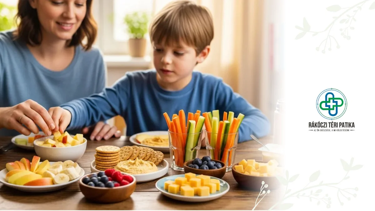 Gyermek immunerősítés egészséges ételekkel és gyerekvitaminnal egy otthoni környezetben