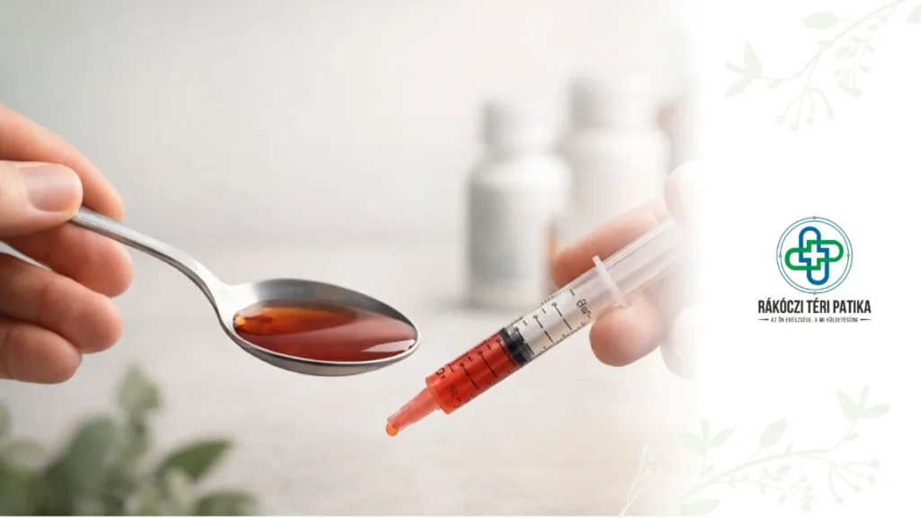 Folyékony gyógyszer adagolása konyhai kanállal és gyógyszeradagoló fecskendővel összehasonlítva