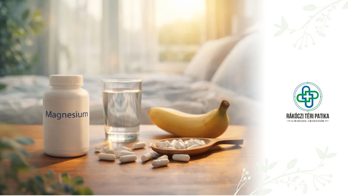 Magnéziumkapszulák, víz és banán nyugodt hálószobai környezetben az alvás, stresszkezelés és izomműködés támogatására