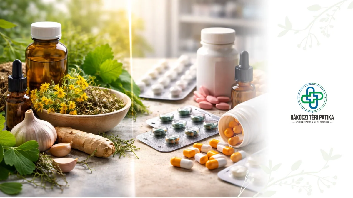 Gyógynövények, kapszulák és tabletták együtt, a gyógyszerek és gyógynövények közötti lehetséges kölcsönhatások szemléltetésére