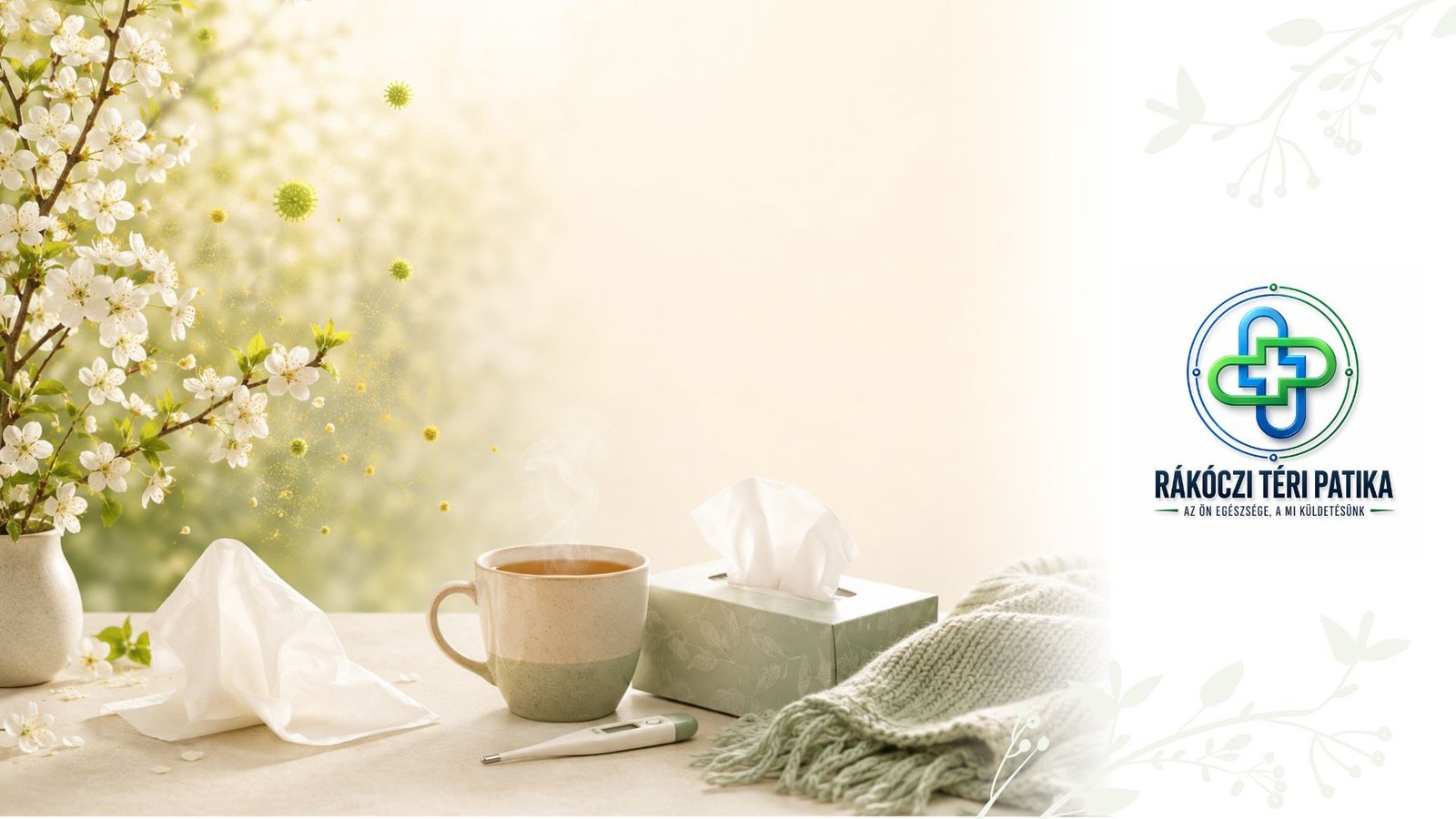 Tavaszi allergia (virágzás, pollen, viszkető szem) és megfázás (tea, takaró, lázmérő) összehasonlítása egy képen — a tünetek megkülönböztetése témához