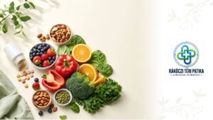 Színes multivitamin tabletták egy üvegcséből, mellettük friss zöldségek és gyümölcsök — a kiegészítő vs. kiegyensúlyozott étrend témájához